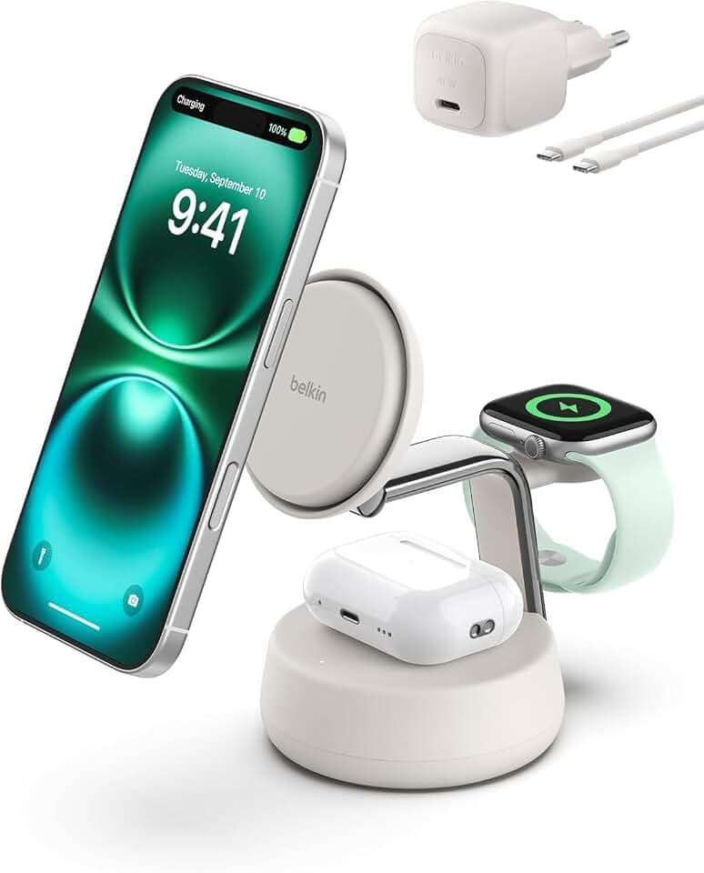 Belkin WIZ040MYSD Caricabatterie per dispositivi mobili Cuffie, Smartphone Cromo, Bianco USB Carica wireless Ricarica rapida Interno (PRO 25W QI2 3IN1 MAGNETI CHARGE SAND)