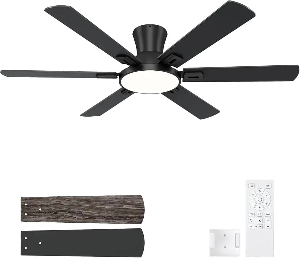 52 Inch Black Ceiling Fans with Lights, Flush Mount Ceiling Fan with Remote