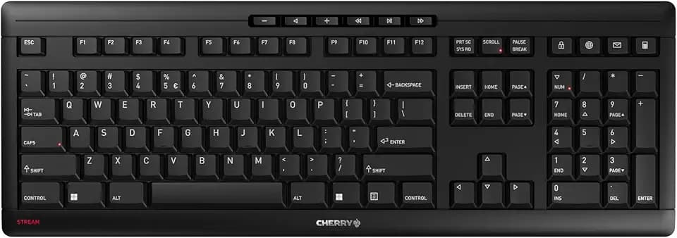 CHERRY Stream Keyboard Wireless, Kabellose Tastatur, EU-Layout (QWERTY), 2,4 GHz Funk, Leise Tasten, Flaches Design, Batteriebetrieben, Schwarz