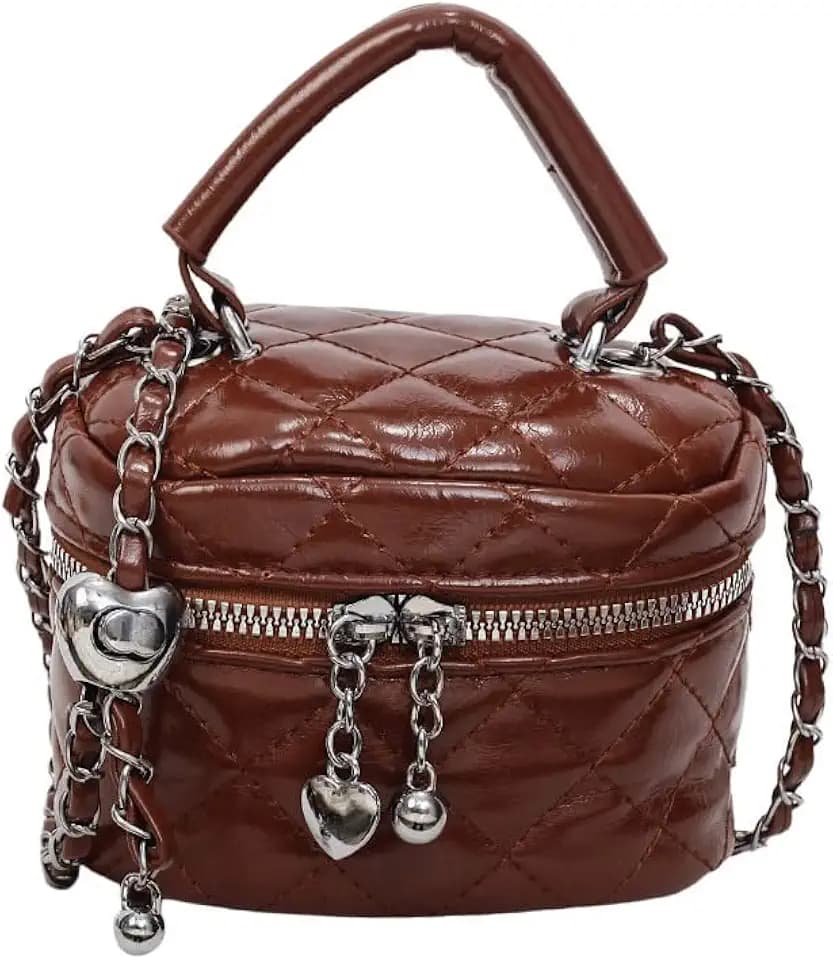 Mini Box Crossbody Bag, Silver Quilted Metallic Purse with Chain Strap, Top Handle & Heart Charm, Women's Evening Clutch