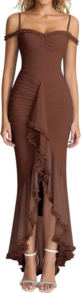 KUTUMAI Women Ruffle Bodycon Maxi Long Formal Cocktail Wedding Guest Dress