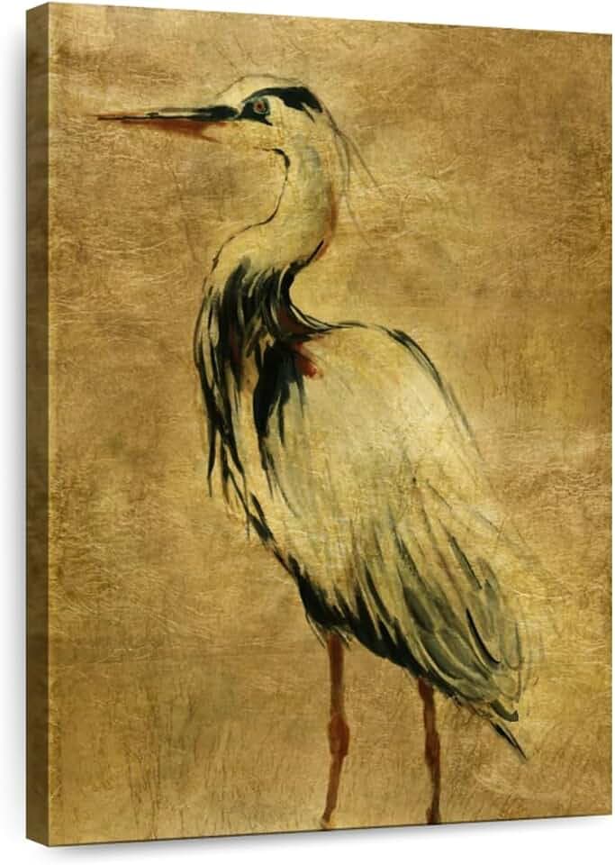 ElephantStock - Gold Crane At Dusk II Wall Art - Vertical Canvas Wall Art - Living Room Wall Decor - Painting Cranes Canvas Art - Gold And Gray Decor by Carol Robinson - 32" x 48"