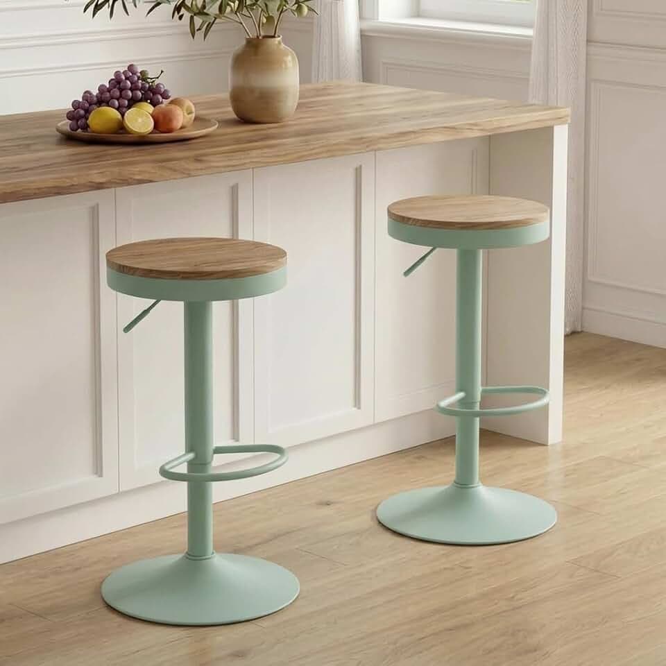 YOUNIKE Barhocker 2er Set Holz Barhocker Barstuhl Hoher Metallrahmen 360° höhenverstellbar drehbar mit Fußstütze Industriell Grün