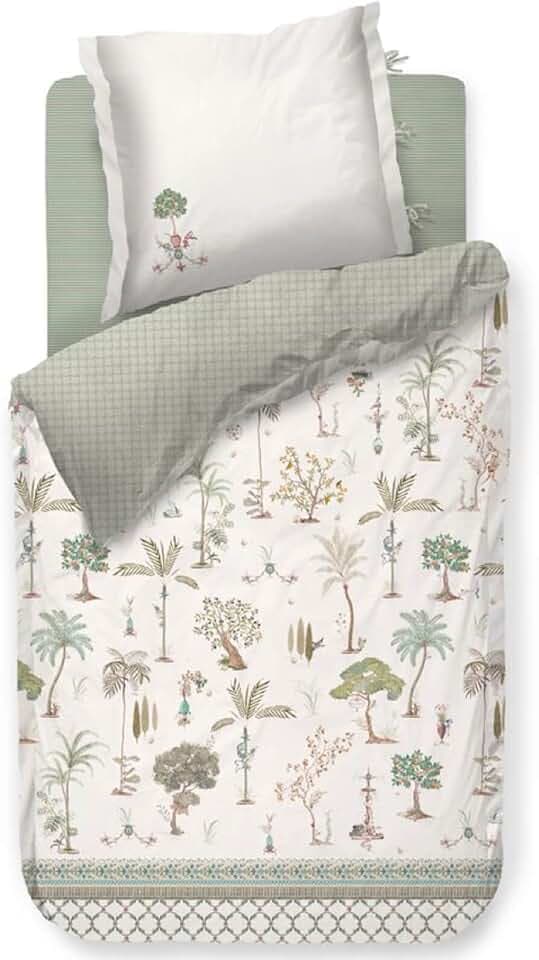 Pip Studio Bettwäsche Giardini di Frutta White Palmen Obstbäumen Natur Mediterran Muschel Muster Wende Weiß Perkal, Größe:155 cm x 220 cm
