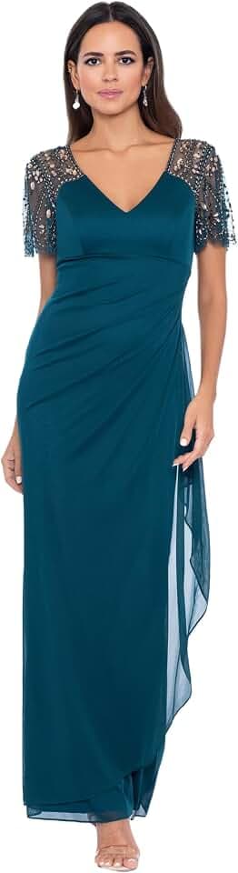 Xscape Floor Length Jersey Knit Evening Gown with V-Neckline, Beaded Flutter Sleeves and Ruched Draping