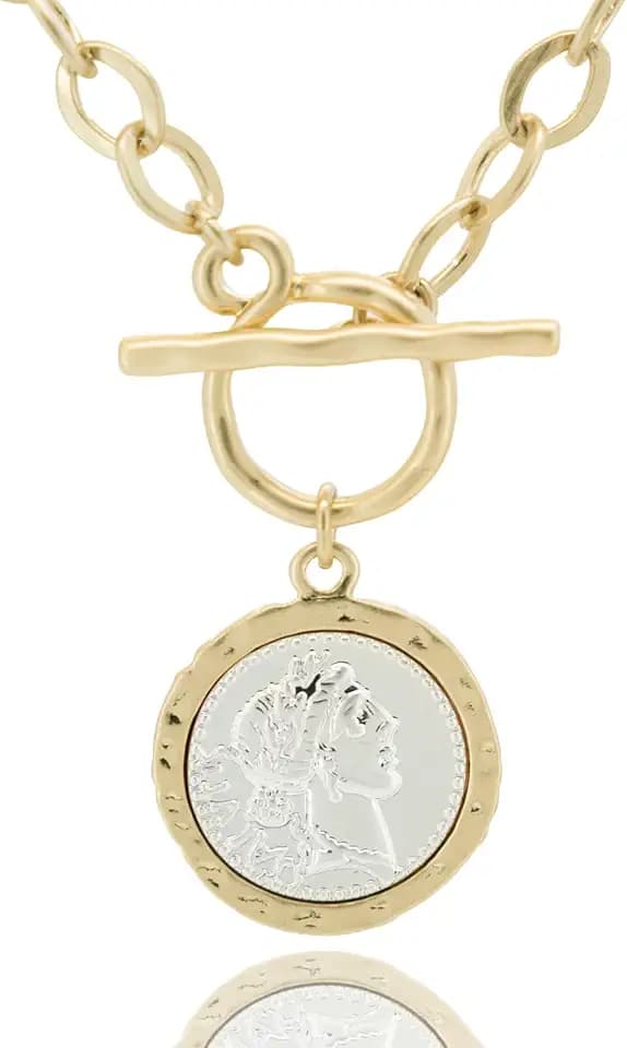 Antique Gold Plated Roman Chunky Coin Necklace for Women 18 Inches Thick Link Chain Layered Gold Necklaces for Women