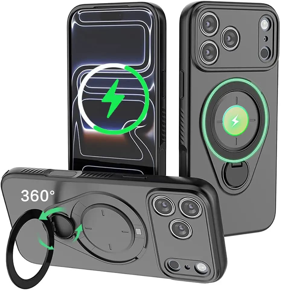 Magnetische Silikon hülle für iPhone 17 Pro Max Kompatibel mit Magsafe,360°Metall Ring Ständer Kameraschutz Eingebauter Magnetring Stoßfest Kratzfest Militärschutz Handyhülle,Schwarz