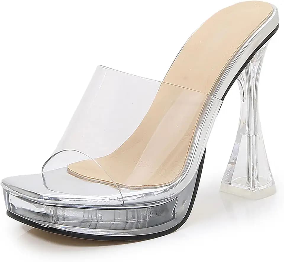 Women Sexy Clear Band Platform Super High Heel Prom Sandals Fashion Square Open Toe Slip On Clear High Heeled Sandals For Dance Catwalk Party Pumps