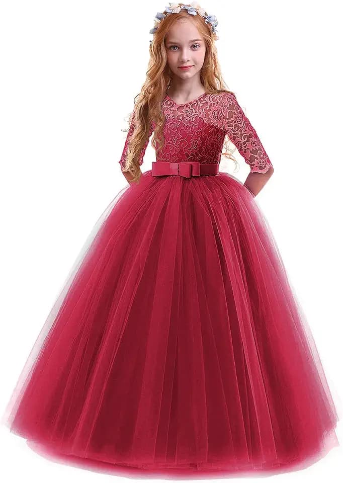 IWEMEK Elegant Brautjungfer Kleider für Mädchen Blumenmädchen Hochzeitskleid 3/4 Arm Spitzenkleid Tüllkleid Prinzessin Festzug Erste Kommunionskleider Weihnachten Karneval Abendkleid Partykleid
