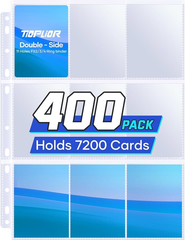 Tioplior 400 Pack Trading Card Sleeve Pages,9 Pockets Double Sided Binder Sheets for 3 Ring Binder,Hold 7200 Cards Fit for MTG,TCG,Baseball,Sports Standard Cards