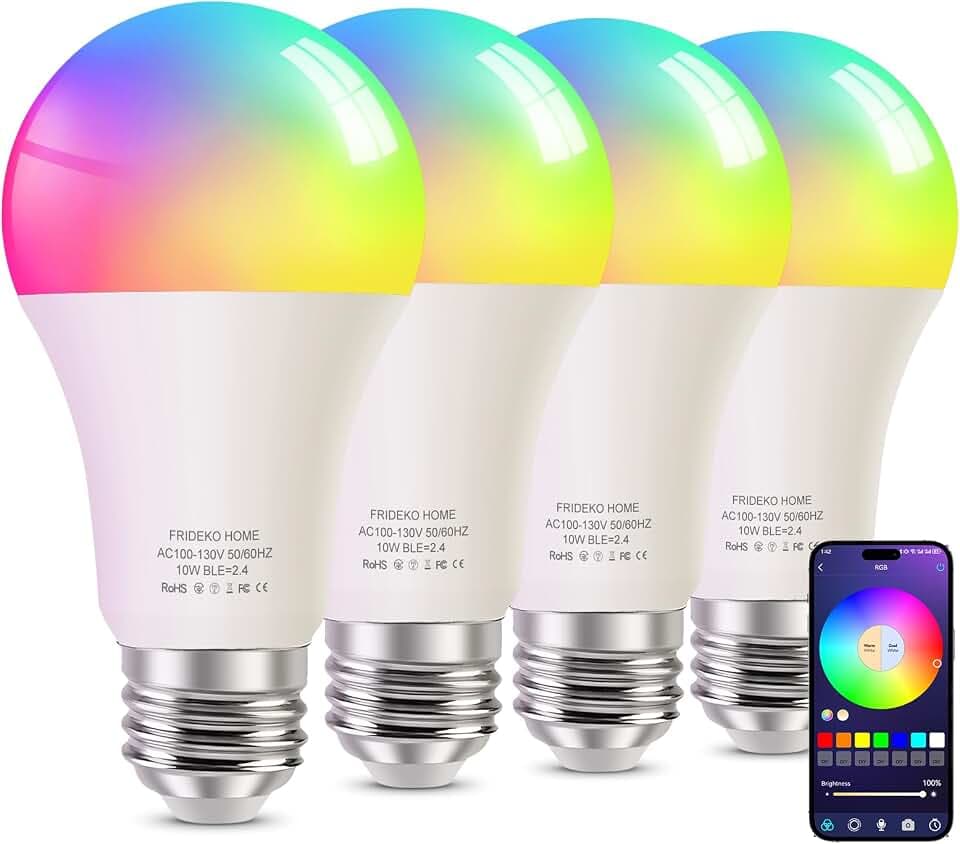 FRIDEKO HOME Smart Light Bulbs - Led Dimmible Color Changing Light Bulb for Home Works with Bluetooth Music Sync - A19 RGB Lightbulb for E26 Base with APP Control & Timer (DIY Color-Bluetooth 4 Pack)