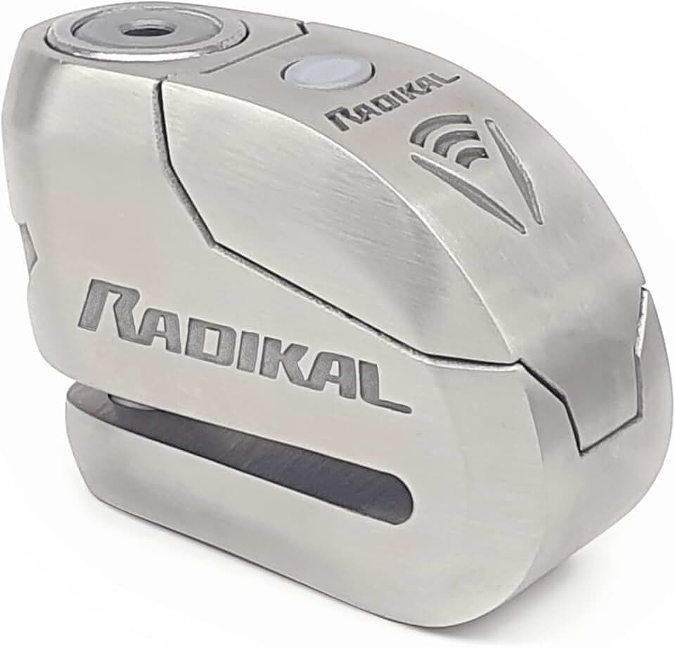 RADIKAL RK14S Bremsscheibenschloss Premium mit Alarm | Aktivierung nach Wahl, 120 dB, LED Warnung Voralarm | Motorrad Schloss SRA-Zertifiziert, aus Edelstahl, Doppelverriegelung Ø14, INOX
