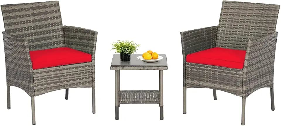 FDW 3-Piece Patio Furniture Set | Gray & Red | Outdoor Wicker Furniture