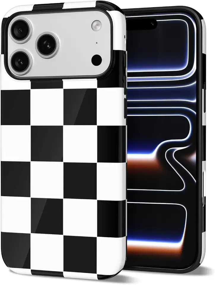 Svanove Checkered Phone Case for iPhone 17 Pro Max/ 18 Pro Max Case Plaid Lattice, Girly Cute Checkerboard Case for Women, Checker Print Design, Slim Thin Hard Shell Plastic Glossy Cover, Black White