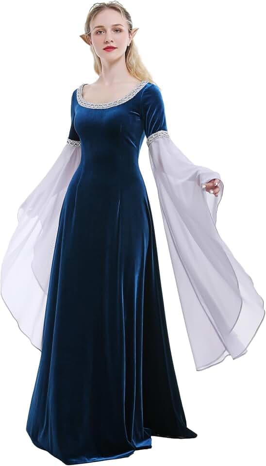 daizbella Medieval Renaissance Costume Dress Handmade Historical Retro Dress Velvet Gown with Chiffon Sleeves