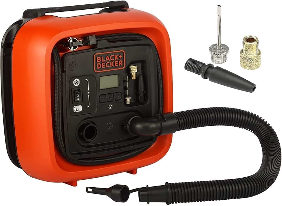 Black+Decker 11.0 Bar/12V-Kompressor/Luftpumpe, 160PSI, für Reifen, Bälle, Rollstühle, Etc., mit 2 Betriebsarten und Abpump-Modus, ASI400, 12 V