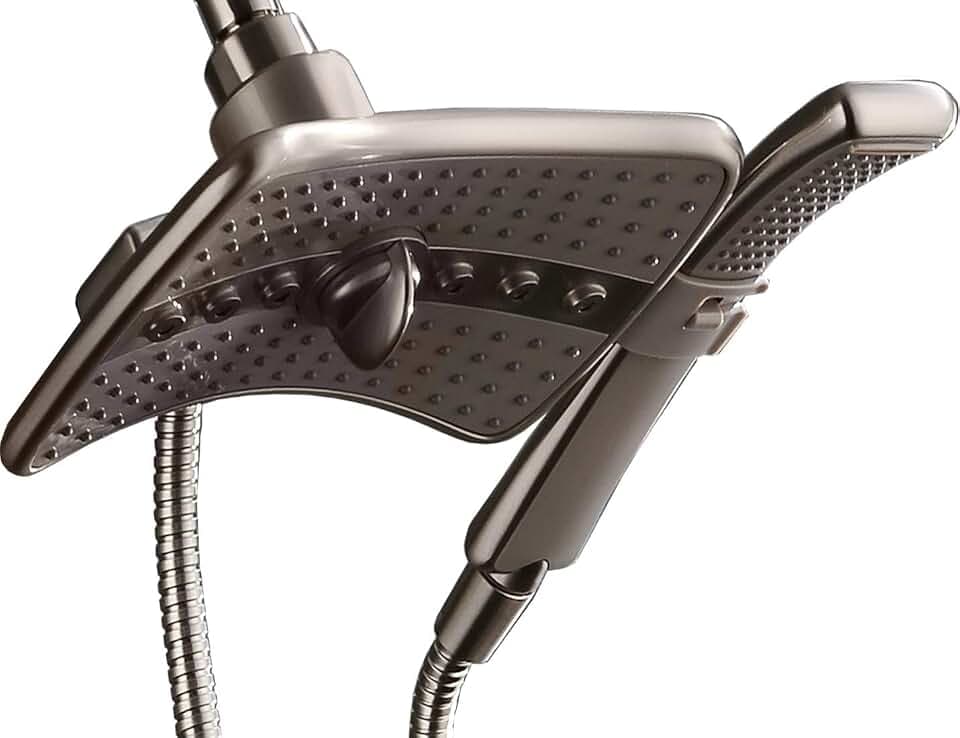 BRIGHT SHOWERS Duschkopf-Kombination mit zwei Sprüheinstellungen, festem Duschkopf und Handbrause mit grauem Gesicht, gebürstetes Nickel