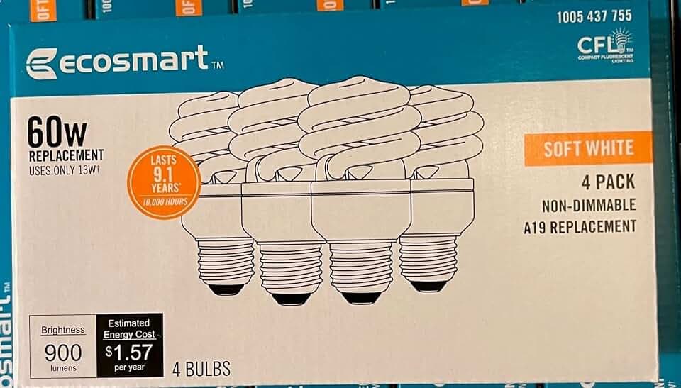 60-Watt Equivalent EcoSmart A19 Spiral Non-Dimmable E26 Base Compact Fluorescent CFL Light Bulb, Soft White 2700K (4-Pack)