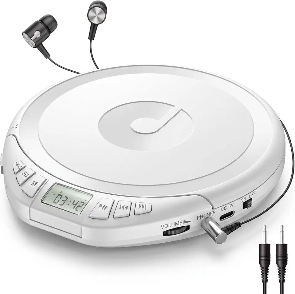Gueray CD Spieler Tragbarer CD-Player Persönliche CD Players mit Kopfhörer LCD Display Anti-Skip Schutz HiFi Klassischer CD Musikplayer PROG-Speicherfunktion CD-Players für Auto Zuhause (Weiß)