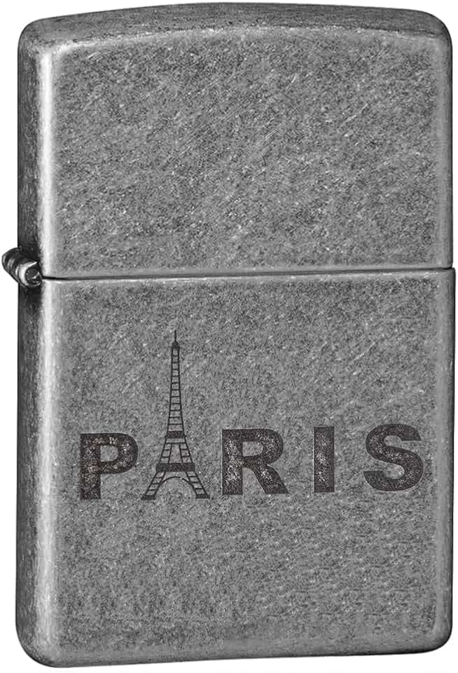 Zippo Sturmfeuerzeug - Paris Eiffel Tower, Antique Silver, Lustre - Nachfüllbar - Wiederverwendbar - Windfestes Design - Geschenkbox - Made in USA