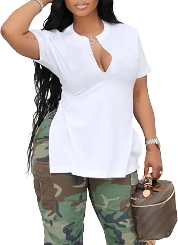 LovelyWholesale Womens Graphic Tees Sexy V Neck T Shirts Short Sleeve Side Slit Summer Tops