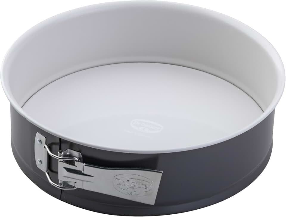 Dr. Oetker Springform Ø 26 cm EXCLUSIVE, Backform mit schnitt- & kratzfestem Flachboden mit Emaille-Versiegelung, runde Kuchenform mit Ring aus Stahlblech (Farbe: Grau-Braun/Crème)
