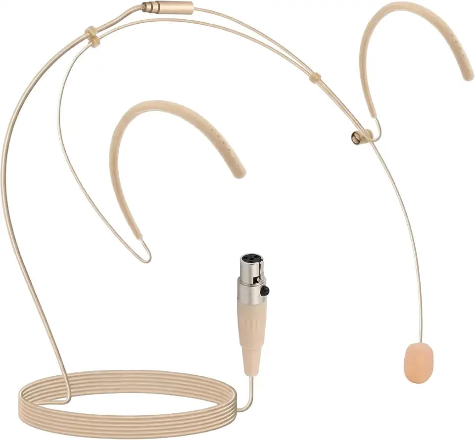 Pyle Pro Dual Over-Ear Headset Microphone - Professional Hands-Free Omni-Directional Boom Condenser Mic with 4-Pin Mini XLR, 3.9ft Cable, Windscreen - Secure Fit, Pro Audio for Presentations (Beige)