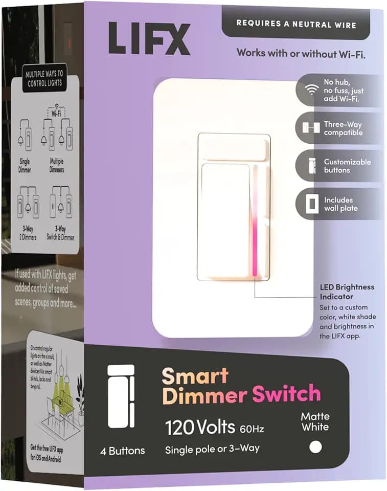 LIFX Smart Dimmer Switch - Wi-Fi 2.4GHz Matter Certified, 3-Way - 4-Button