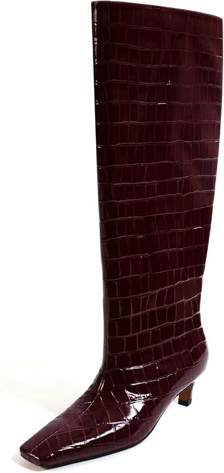 iadore Women's Western Knight Boots, Vegan Leather Crocodile Printed Square Toe Kitten Heel Wide Straight Shaft Knee High Boots 2 Inch