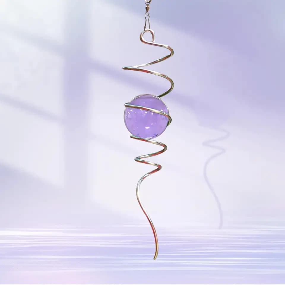 Gazing Ball Spiral Tail with Purple Glass Orb, Wind Spinners Stabilizer, Stainless Steel Wind Spinner Tail, Outdoor Décor, Hanging Garden Sculptures Decoration Ornament 13in Height