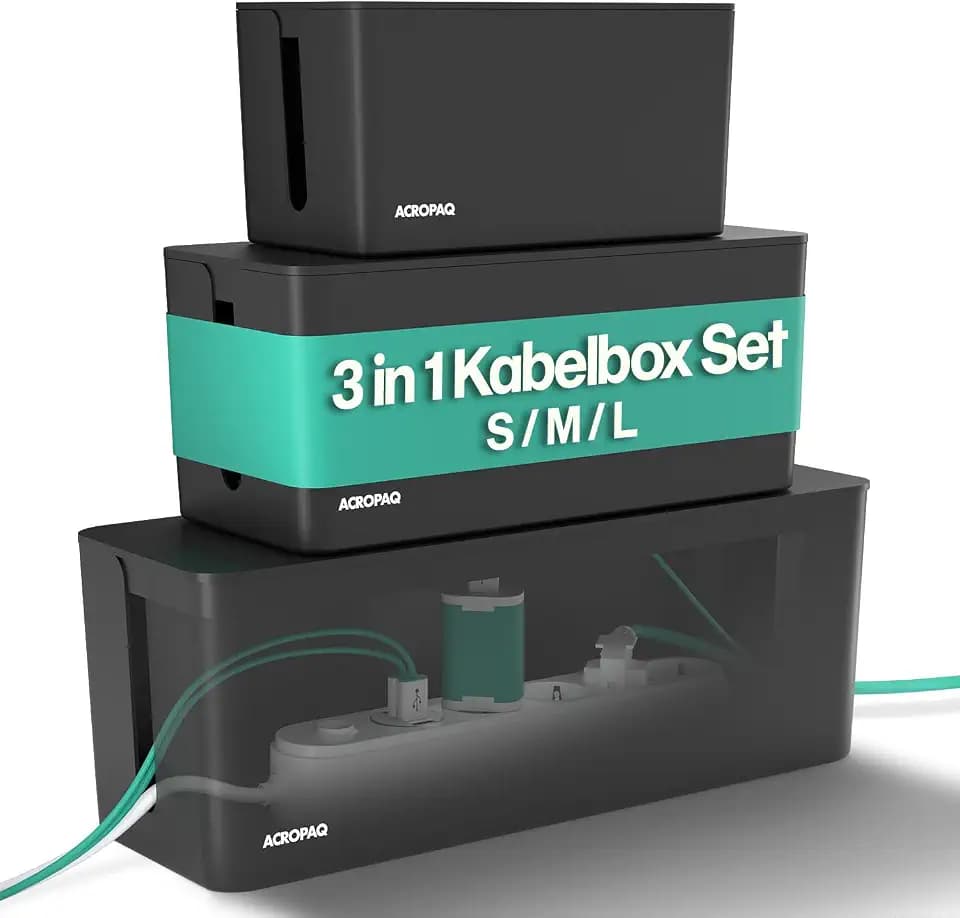 ACROPAQ Kabelbox - 3-in-1 Set, Groß (40,6 x 15,6 x 13,4 cm), Mittel (32 x 13,2 x 12,7 cm), Klein (23,5 x 12 x 11,5 cm), Kunststoff, Schwarz - Kabelmanagement Box, Kabel Box, Kabelaufbewahrung