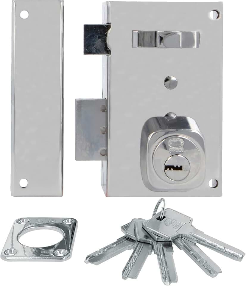 Amig - Aufschraubschloss DIN links mit Schließhebel, Falle und Ziehgriff für Holztüren Mod. 75-67 x 112 mm - Riegel mit rundem Sicherheitszylinder - Stahl silberfarben