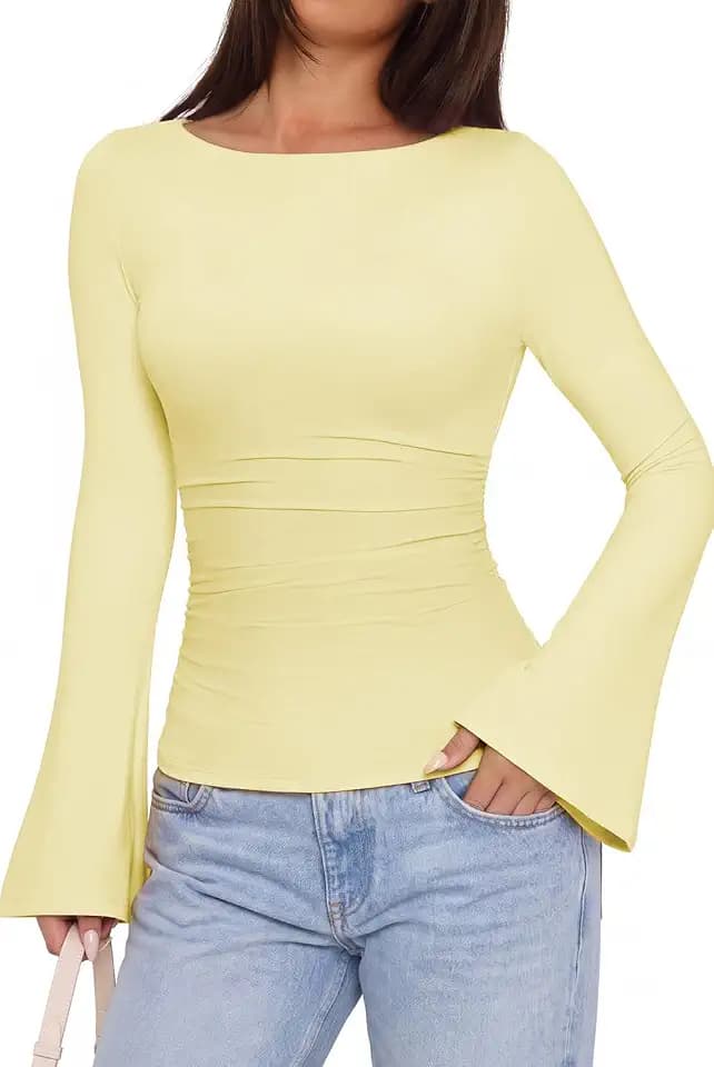 SUUKSESS Women Crew Neck Bell Sleeve Tops Double Lined Going Out Fitted Basic T Shirts