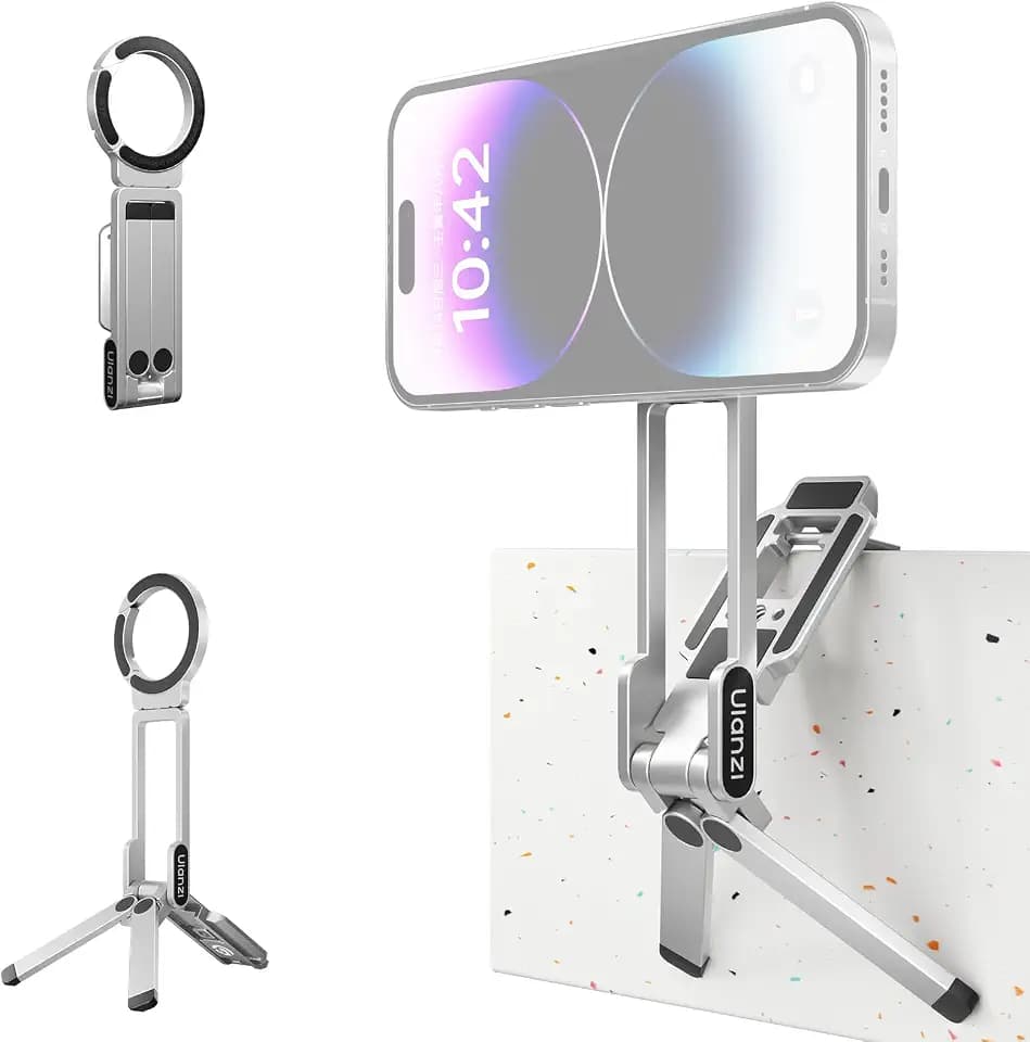 ULANZI MA38 Magnetisches Handy-Stativ Aluminium, Karabiner Förmige Maglock, Faltbar Ständer Smartphone, Doppelmagnet Tripod, Mini Selfie Stick kompatibel mit iPhone 17 16 15 14 13 12 Magsafe Silber