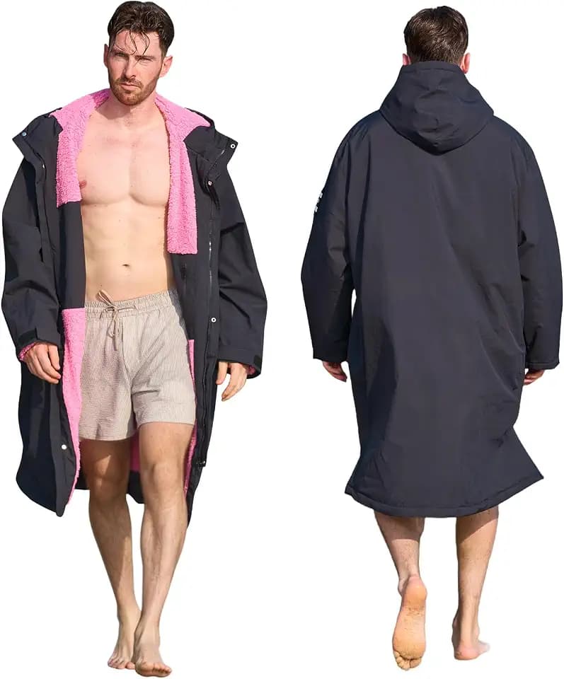 Owntop Waterproof Swim Parka for Kids Youths and Adults - Unisex Hooded Surf Poncho, Oversized High-Low Hem Windproof Changing Robe, Sherpa Winter Warm Beach Towel Jacket with Pockets