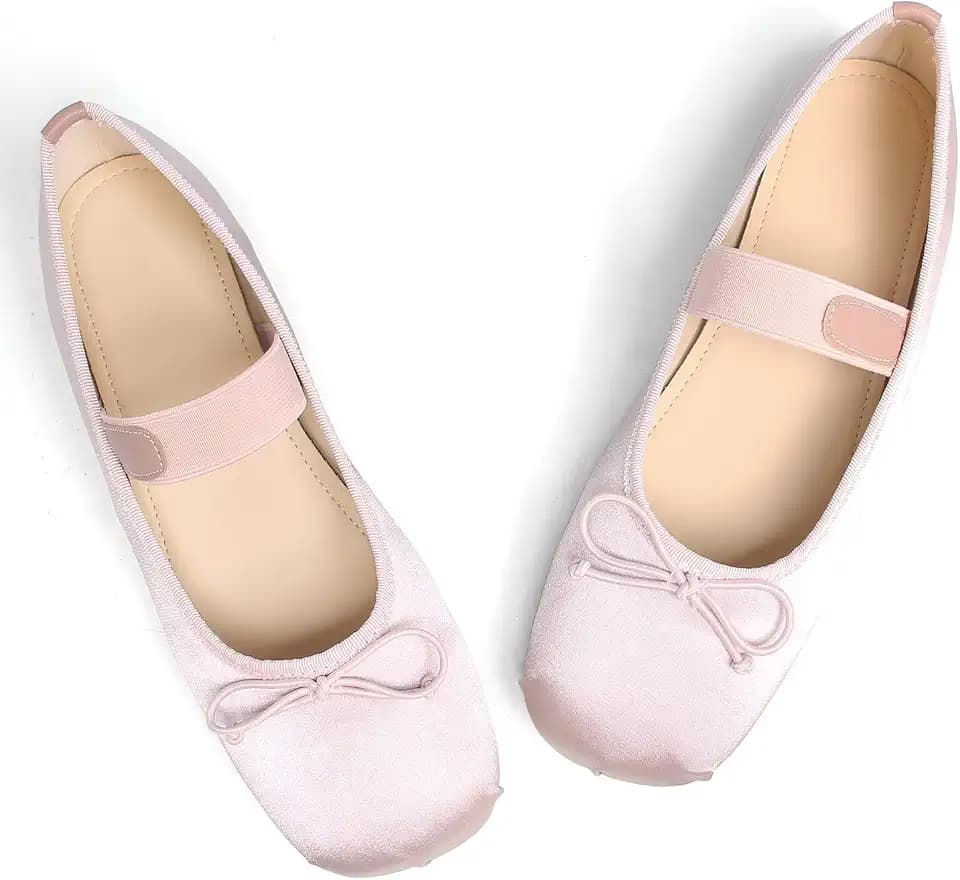 LUXINYU Women's Satin Mary Jane Ballet Flats Square Toe Bow Knot Elastic Strap Slip On Ballerina Shoes Comfort Soft Sole Casual Dress