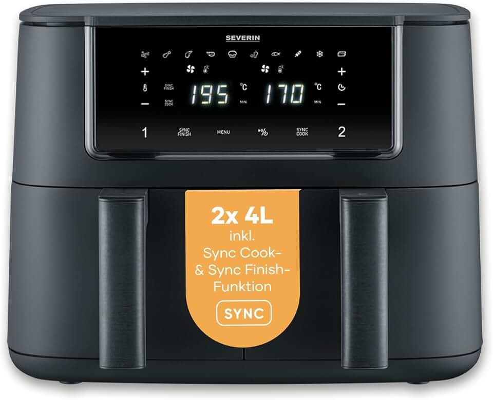 Severin Heißluftfritteuse Dual Zone, 2x4L Fächer, vielseitige Zubereitung, Touch-Display, Warmhaltefunktion, Temperatureinstellung synchronisierbar, 10 Programme, 2600W, Black Line, schwarz, FR 2463