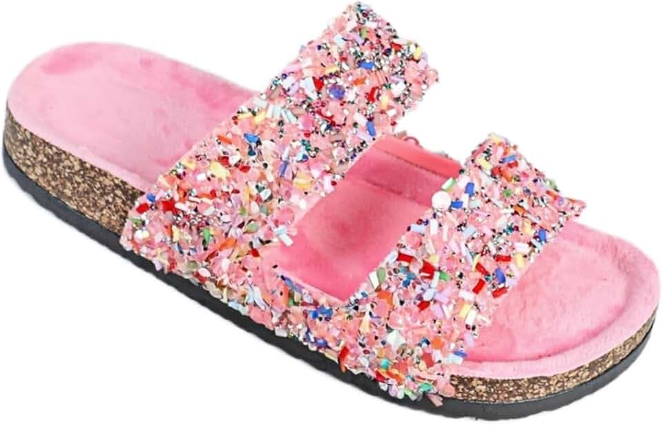 2025 New Shiny Cork Women's Sandals Double Belt Household Flat Slippers Shiny Diamond Button Soft Shoes