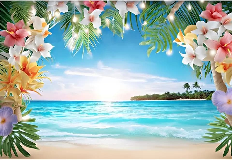 Laeacco Summer Beach Backdrop 10x8FT Tropical Hawaiian Seaside Photography Background Floral Flower Palm Leaves Ocean Hawaii Luau Baby Shower Birthday Party Deocrations Banner Wedding Photo Studio