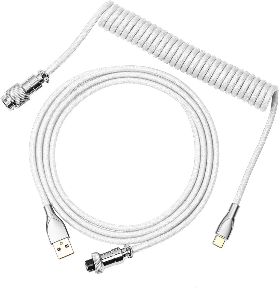 EPOMAKER Mix 1.8m Coiled Keyboard Cable, USB C to USB A TPU Cable for Mechanical Gaming Keyboard, with Detachable Metal Aviator for Custom Keyboard, White