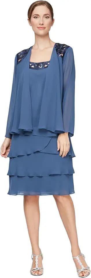 S.L. Fashions Women's Petite Mother of The Bride Jacket Dress with Sequined Cut Out Shoulder
