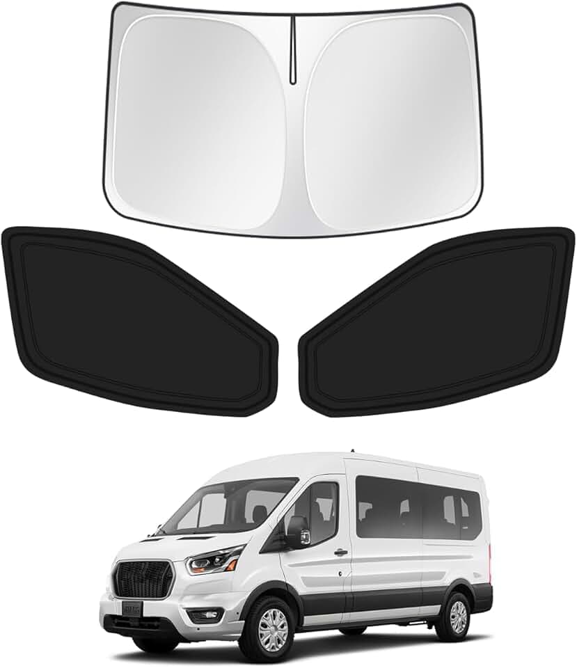 Canvcle Window Shades for 2015-2026 Ford Transit Van High and Medium Roof, Windshield Sun Shade Side Window Covers Sunshade Sun Shield Privacy Protection for Camping Keep Car Cool 3PCS(NOT Low Roof)