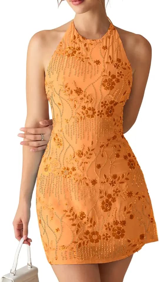 EHSUYAB Women 2000S Beaded Mini Dress Backless,Sparkly Sequin Rhinestone Floral Embellished Dresses,Homecoming Cocktail Party