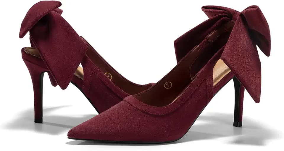 Coutgo Womens Slingback High Heels Bow Closed Pointed Toe Lace Patchwork Party Dress Shoes
