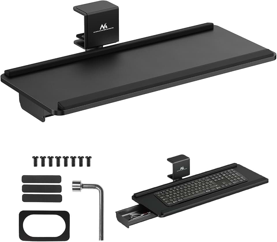 Maclean MC‑108 B Tastaturhalter unter Schreibtisch | Einstellbare Neigung und Kurbel + Handgelenkauflage & Schublade | Clipmontage ohne Bohren | Kompakte ergonomische Schwarze Bühne