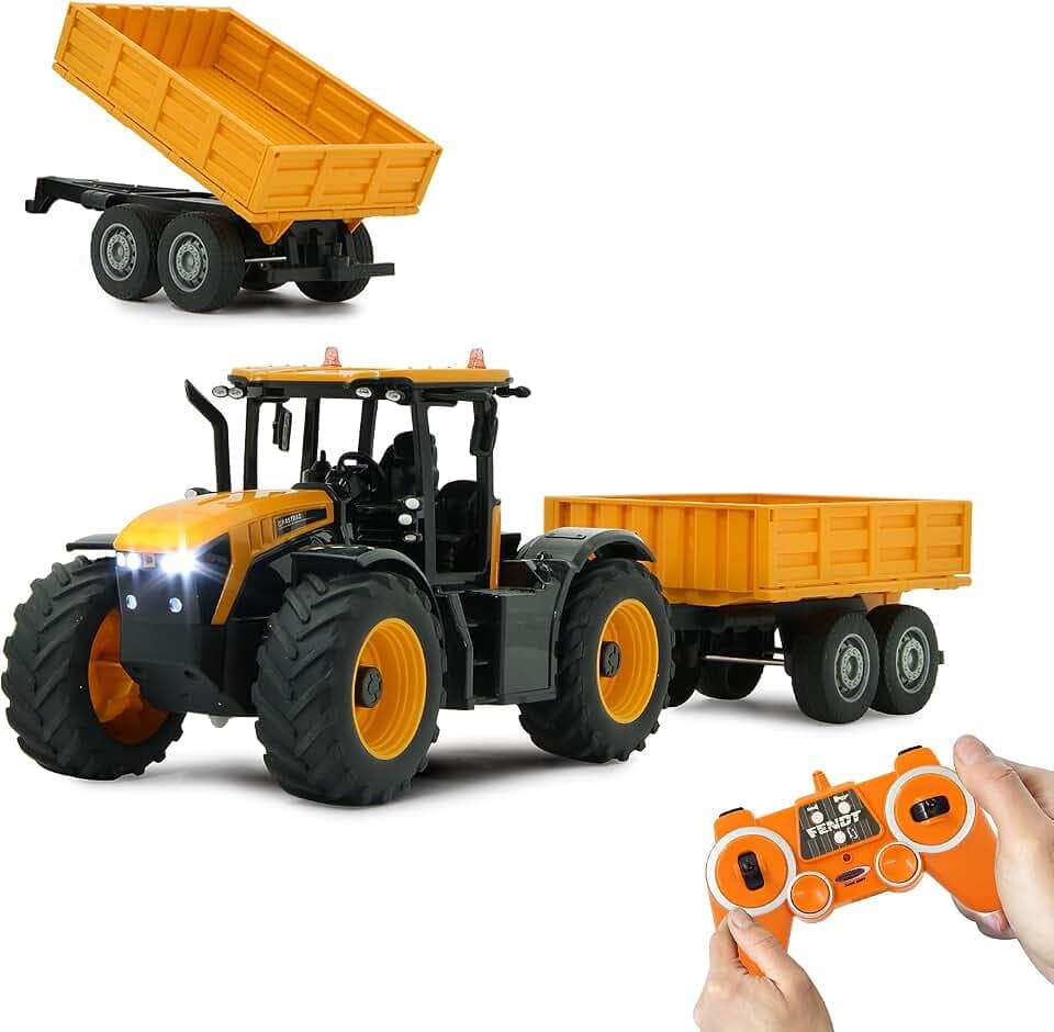 JAMARA 405305 JCB Fastrac Traktor mit Kippanhänger 1:24 2,4GHz - 2 Radantrieb, Profilierte Gummireifen, LED Licht, Landwirtschaft