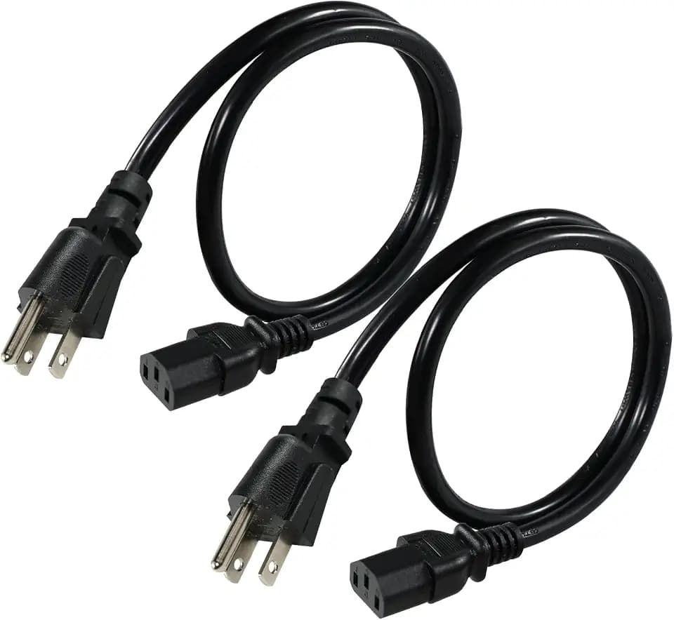 2PACK PC Power Supply Cable - 2FT Black, 3 Prong TV to Computer Monitor Power Cord, NEMA 5-15P to C13, 13A,125V,16AWG for Computer, Printer, Radio, Monitor, Speaker