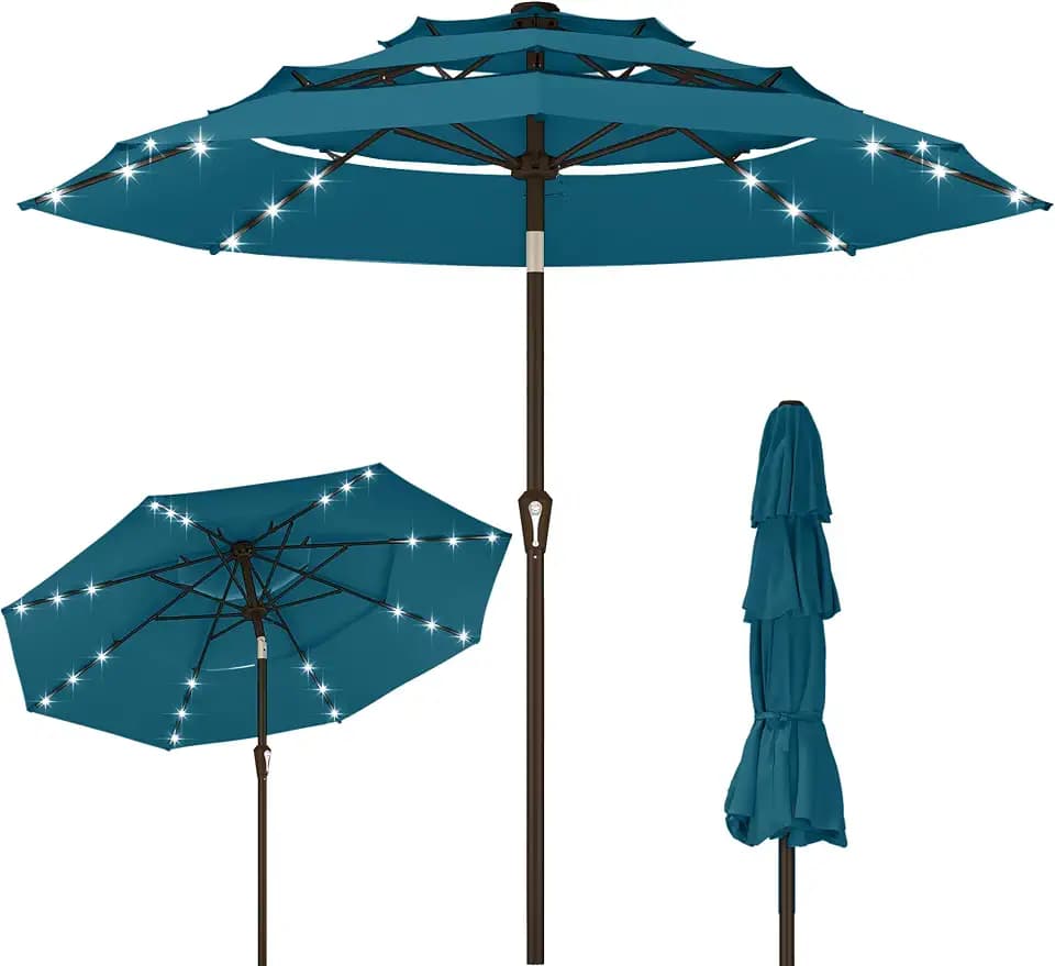 Kingdura 9ft 3-Tier Patio Umbrella with Solar Lights, Table Umbrella Outdoor Patio with Easy Crank & Tilt, 8 Sturdy Ribs, UV Protection, 32 LED Lights for Deck, Poolside, Market (Lake blue)