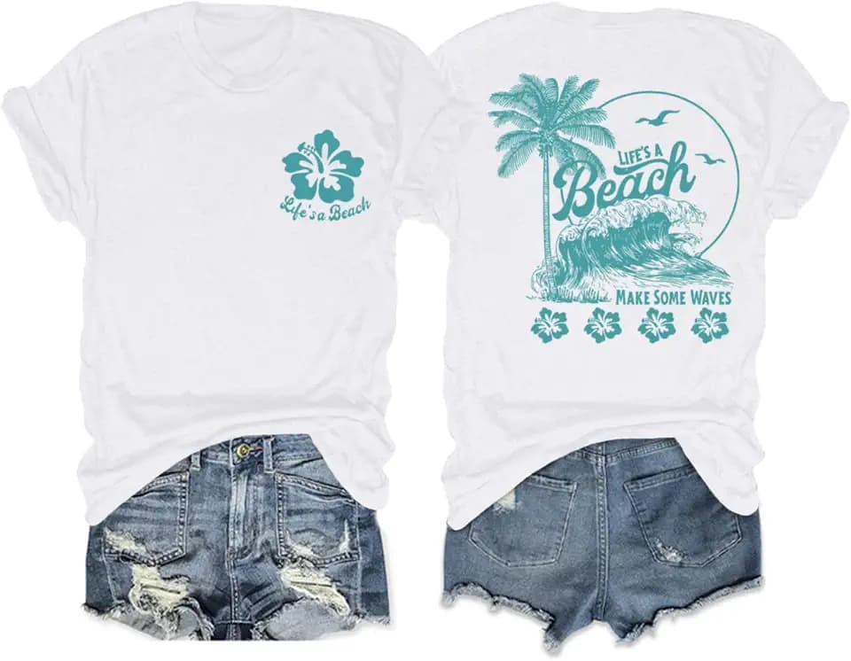 KEEVICI Hawaiian Beach T Shirts for Women Hibiscus Flower Palm Tree Shirt Tropical Graphic Tees Summer Beachy Vacation Tops