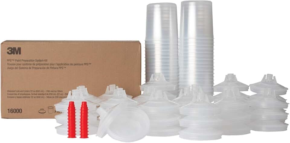 3M PPS (Original Series) Paint Spray Cup Lids and Liners Kit, 16000, Standard, 22 oz, 200-micron Filter, Use w/Paint Gun for Cars, Furniture, Home, 50 Disposable Lids and Liners, 20 Sealing Plugs,